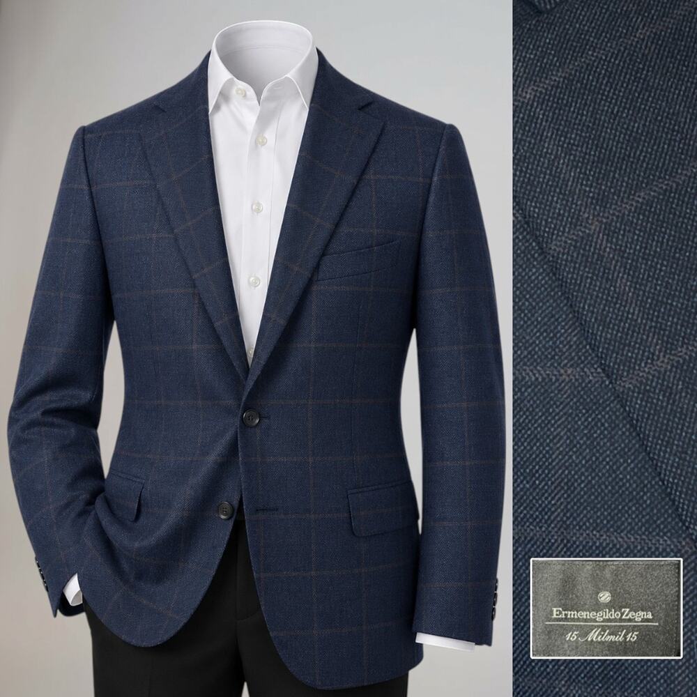Zegna 15 Milmil 15 Sport Coat 44R Navy Blue Camel Plaid 3/2 Roll - Picture 1 of 16